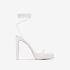 EGO In-The-Game Lace Up Diamante Butterfly Detail Pink Sole Square Toe Platform Thin Block Heel In Cream Nude Faux Leather -EGO Sales 16 08 22 fw12942