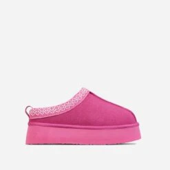 EGO Tazmin Aztec Detail Faux Fur Lining Platform Slipper In Pink Faux Suede