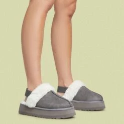 EGO Head-High Faux Fur Trim Sling Back Platform Slipper In Grey Faux Suede