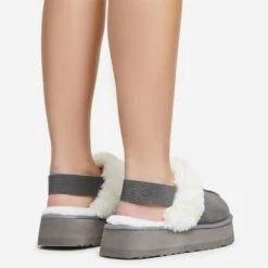 EGO Head-High Faux Fur Trim Sling Back Platform Slipper In Grey Faux Suede -EGO Sales 20 01 23 fw acc50519 sq