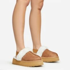 EGO Head-High Faux Fur Trim Sling Back Platform Slipper In Chestnut Brown Faux Suede -EGO Sales 20 01 23 fw acc50521 sq