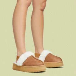 EGO Head-High Faux Fur Trim Sling Back Platform Slipper In Chestnut Brown Faux Suede