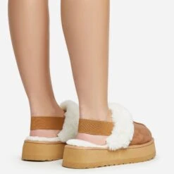 EGO Head-High Faux Fur Trim Sling Back Platform Slipper In Chestnut Brown Faux Suede -EGO Sales 20 01 23 fw acc50524 sq