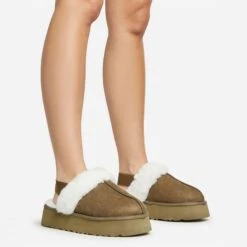 EGO Head-High Faux Fur Trim Sling Back Platform Slipper In Green Faux Suede