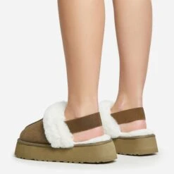 EGO Head-High Faux Fur Trim Sling Back Platform Slipper In Green Faux Suede -EGO Sales 20 01 23 fw acc50528 sq