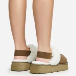 EGO Head-High Faux Fur Trim Sling Back Platform Slipper In Green Faux Suede -EGO Sales 20 01 23 fw acc50529 sq