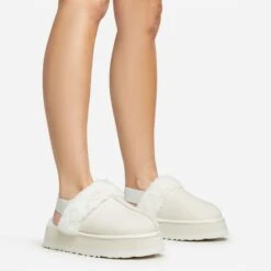 EGO Head-High Faux Fur Trim Sling Back Platform Slipper In Cream Faux Suede