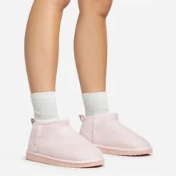 EGO Ultra Mini Ankle Length Faux Fur Lining Boots In Light Pink Faux Suede