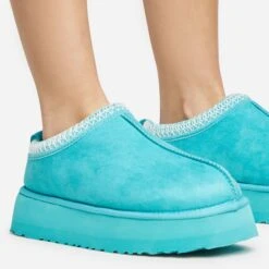 EGO Tazmin Aztec Detail Faux Fur Lining Platform Slipper In Blue Faux Suede -EGO Sales 20 01 23 fw acc50577 sq