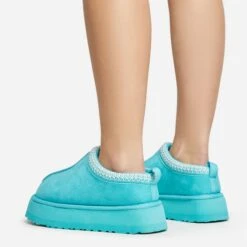 EGO Tazmin Aztec Detail Faux Fur Lining Platform Slipper In Blue Faux Suede -EGO Sales 20 01 23 fw acc50578 sq