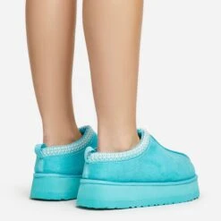 EGO Tazmin Aztec Detail Faux Fur Lining Platform Slipper In Blue Faux Suede -EGO Sales 20 01 23 fw acc50579 sq