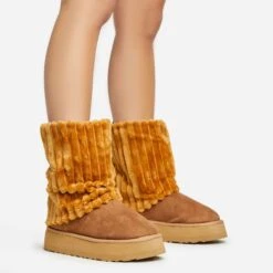 EGO Alpine Layered Detail Platform Ankle Boot In Chestnut Faux Suede -EGO Sales 20 01 23 fw acc50586 s