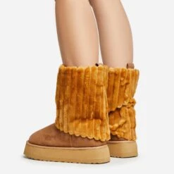 EGO Alpine Layered Detail Platform Ankle Boot In Chestnut Faux Suede -EGO Sales 20 01 23 fw acc50588 sb2