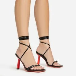 EGO Uno Lace Up Buckle Detail Red Slanted Heel In Black Faux Leather