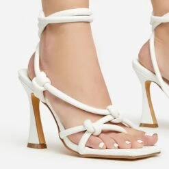 EGO Vera Lace Up Knotted Strap Detail Square Toe Flared Block Heel In White Faux Leather -EGO Sales 20 01 23 fw acc50733 sq