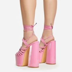 EGO Amazoness Lace Up Extreme Strappy Detail Platform Block Heel In Pink Patent -EGO Sales 20 01 23 fw acc50813 sb