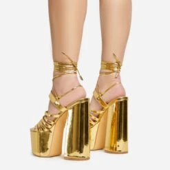 EGO Amazoness Lace Up Extreme Strappy Detail Platform Block Heel In Gold Patent -EGO Sales 20 01 23 fw acc50818 sb