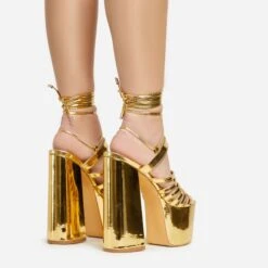 EGO Amazoness Lace Up Extreme Strappy Detail Platform Block Heel In Gold Patent -EGO Sales 20 01 23 fw acc50819 sb2