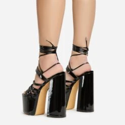 EGO Amazoness Lace Up Extreme Strappy Detail Platform Block Heel In Black Patent -EGO Sales 20 01 23 fw acc50829 sb2