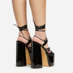 EGO Amazoness Lace Up Extreme Strappy Detail Platform Block Heel In Black Patent -EGO Sales 20 01 23 fw acc50830 sb