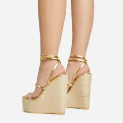 EGO Arred Clear Perspex Strap Detail Woven Platform Wedge In Gold Faux Leather -EGO Sales 20 01 23 fw acc50851 sb