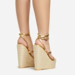 EGO Arred Clear Perspex Strap Detail Woven Platform Wedge In Gold Faux Leather -EGO Sales 20 01 23 fw acc50852 sb2