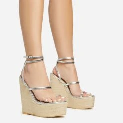EGO Arred Clear Perspex Strap Detail Woven Platform Wedge In Silver Faux Leather