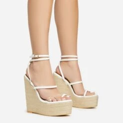 EGO Arred Clear Perspex Strap Detail Woven Platform Wedge In White Faux Leather