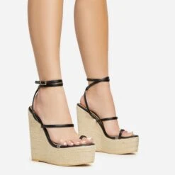 EGO Arred Clear Perspex Strap Detail Woven Platform Wedge In Black Faux Leather