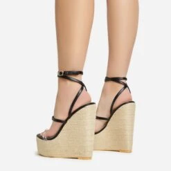 EGO Arred Clear Perspex Strap Detail Woven Platform Wedge In Black Faux Leather -EGO Sales 20 01 23 fw acc50866 sb