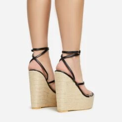 EGO Arred Clear Perspex Strap Detail Woven Platform Wedge In Black Faux Leather -EGO Sales 20 01 23 fw acc50867 sb2