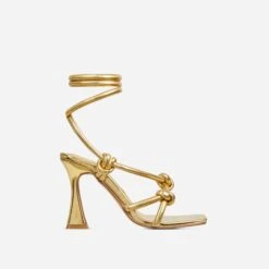 EGO Vera Lace Up Knotted Strap Detail Square Toe Flared Block Heel In Gold Faux Leather