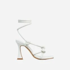 EGO Vera Lace Up Knotted Strap Detail Square Toe Flared Block Heel In White Faux Leather