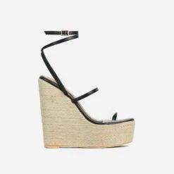 EGO Arred Clear Perspex Strap Detail Woven Platform Wedge In Black Faux Leather -EGO Sales 20 01 23 fw acc50931 sq