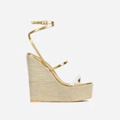 EGO Arred Clear Perspex Strap Detail Woven Platform Wedge In Gold Faux Leather -EGO Sales 20 01 23 fw acc50933 sq