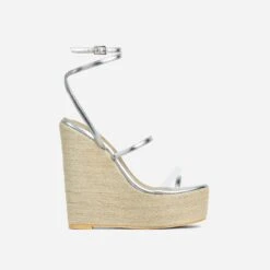 EGO Arred Clear Perspex Strap Detail Woven Platform Wedge In Silver Faux Leather -EGO Sales 20 01 23 fw acc50934 sq