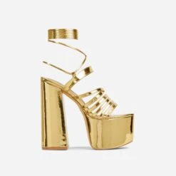 EGO Amazoness Lace Up Extreme Strappy Detail Platform Block Heel In Gold Patent -EGO Sales 20 01 23 fw acc50942 sq