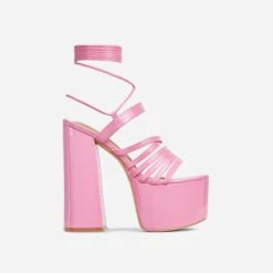 EGO Amazoness Lace Up Extreme Strappy Detail Platform Block Heel In Pink Patent -EGO Sales 20 01 23 fw acc50944 sq
