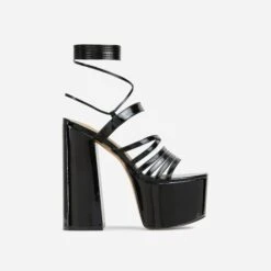 EGO Amazoness Lace Up Extreme Strappy Detail Platform Block Heel In Black Patent -EGO Sales 20 01 23 fw acc50945 sq