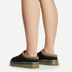 EGO Lil Aztec Detail Chunky Rubber Sole Faux Fur Lining Flat Slipper In Black Faux Suede -EGO Sales 20 01 23 fw acc51046 sq