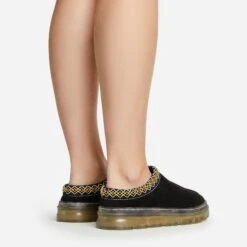 EGO Lil Aztec Detail Chunky Rubber Sole Faux Fur Lining Flat Slipper In Black Faux Suede -EGO Sales 20 01 23 fw acc51047 sq