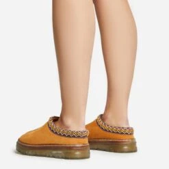 EGO Lil Aztec Detail Chunky Rubber Sole Faux Fur Lining Flat Slipper In Chestnut Brown Faux Suede -EGO Sales 20 01 23 fw acc51050 sq