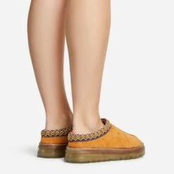 EGO Lil Aztec Detail Chunky Rubber Sole Faux Fur Lining Flat Slipper In Chestnut Brown Faux Suede -EGO Sales 20 01 23 fw acc51051 sq