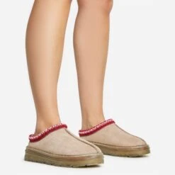 EGO Lil Aztec Detail Chunky Rubber Sole Faux Fur Lining Flat Slipper In Taupe Faux Suede