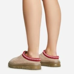 EGO Lil Aztec Detail Chunky Rubber Sole Faux Fur Lining Flat Slipper In Taupe Faux Suede -EGO Sales 20 01 23 fw acc51054 sq