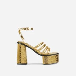 EGO Perocious Strappy Square Toe Platform Block Heel In Gold Croc Print Faux Leather -EGO Sales 20 01 23 fw acc51197 sq