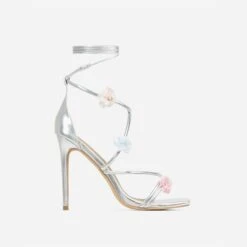 EGO Flower-Child Lace Up Strappy 3D Flower Detail Square Toe Stiletto Heel In Silver Faux Leather -EGO Sales 20 01 23 fw acc52663 sq