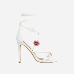 EGO Flower-Child Lace Up Strappy 3D Flower Detail Square Toe Stiletto Heel In White Faux Leather -EGO Sales 20 01 23 fw acc52664 sq