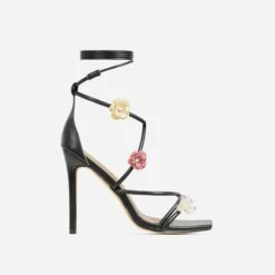 EGO Flower-Child Lace Up Strappy 3D Flower Detail Square Toe Stiletto Heel In Black Faux Leather -EGO Sales 20 01 23 fw acc52665 sq