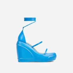 EGO Beach-Side Lace Up Strappy Platform Wedge Heel In Blue Faux Leather And Rubber -EGO Sales 20 01 23 fw acc52672 sq